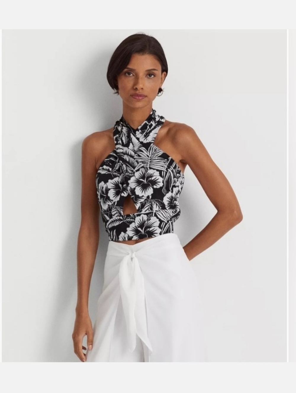 LAUREN Ralph Lauren Sleeveless Black & White Floral Halter Crop Top